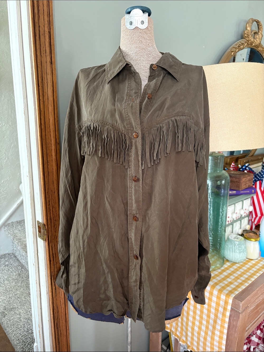 Vintage silk Fringed Button-Up Shirt in Olive Green
